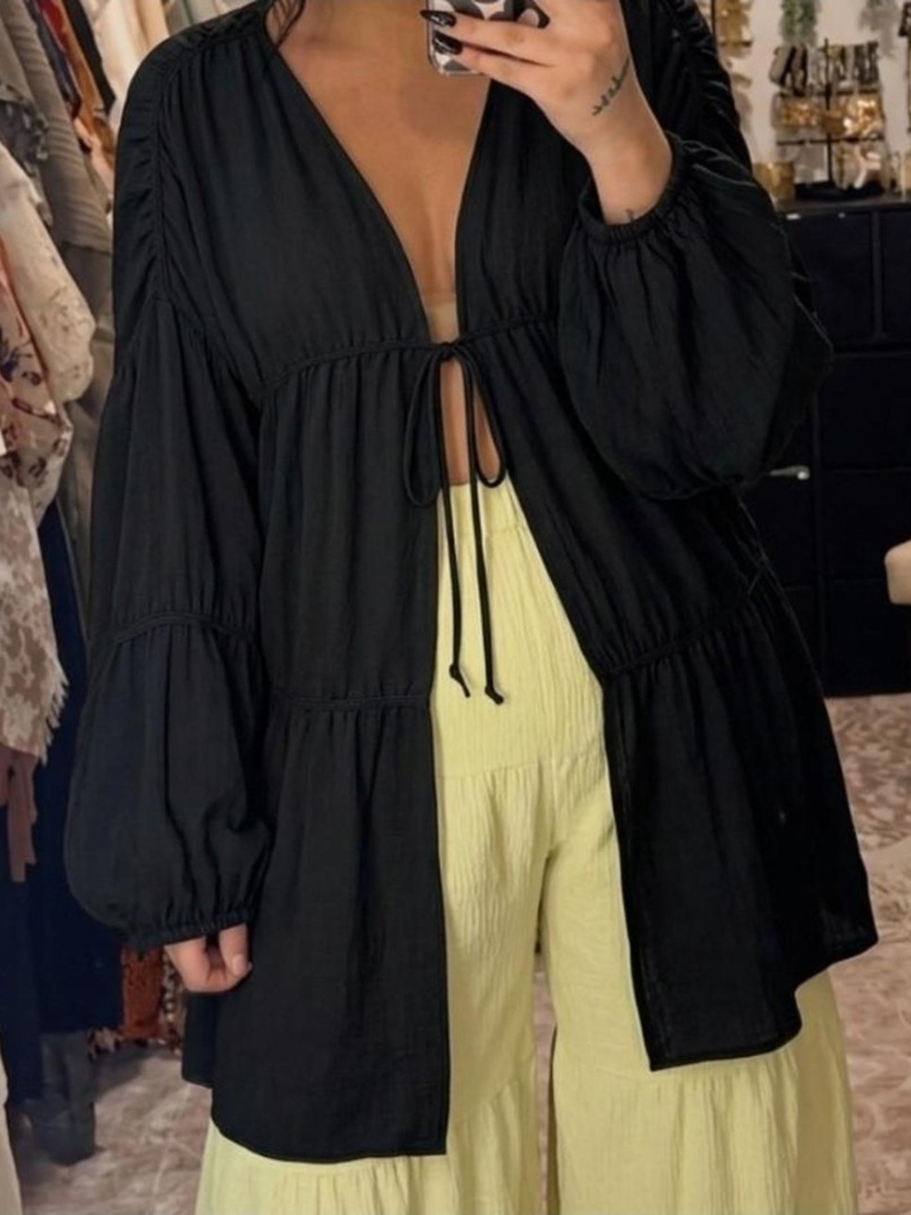 Black Tiered Tie-Front Babydoll Jacket